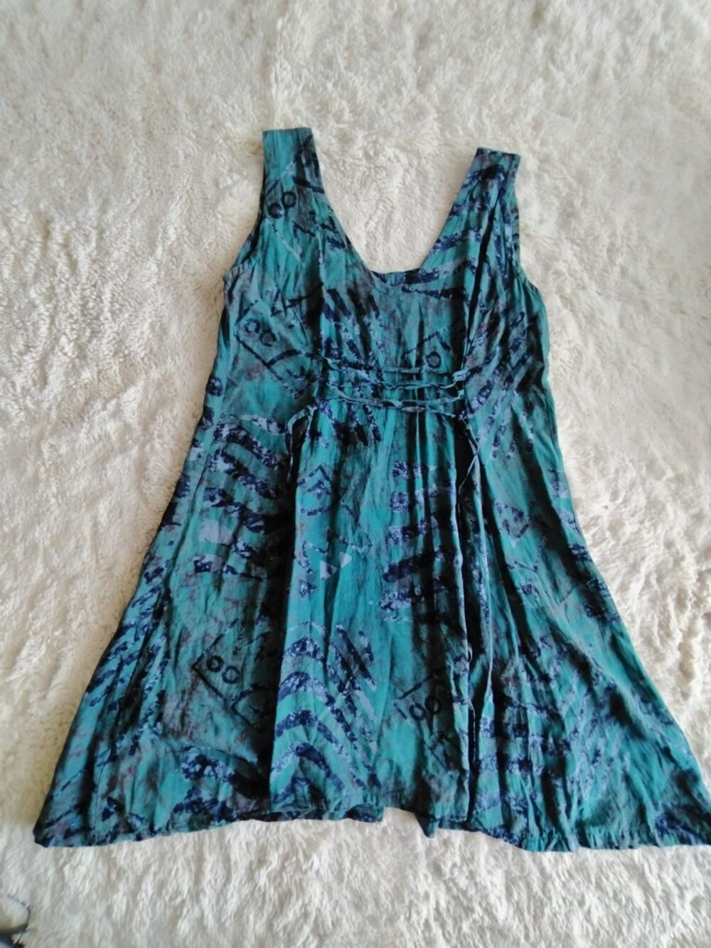 CUCU International Womens Large Teal Batik Tie Dye Handmade Bali Rayon Dress
